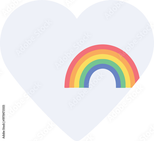 A simple graphic illustration featuring a light grey heart shape with a vibrant rainbow arc emerging from its right side, symbolizing love and hope.