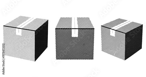 Cardboard boxes aligned in row resting on plain white backdrop. not ideal dots