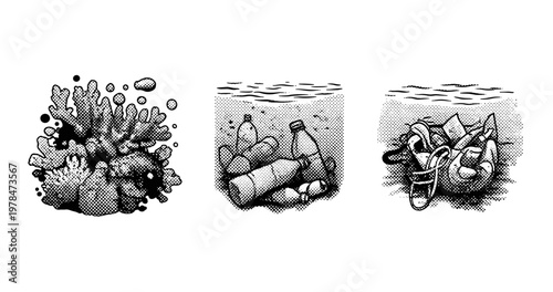 Coral reef bottles and tangled debris lying on sea floor. not ideal dots