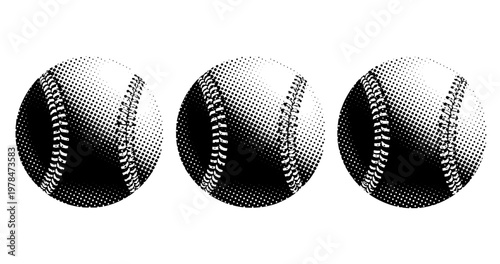 Baseballs arranged in row on white background halftone illustration. not ideal dots