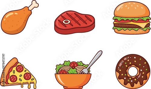 Six cartoon food icons including fried chicken steak burger pizza pasta salad and donut