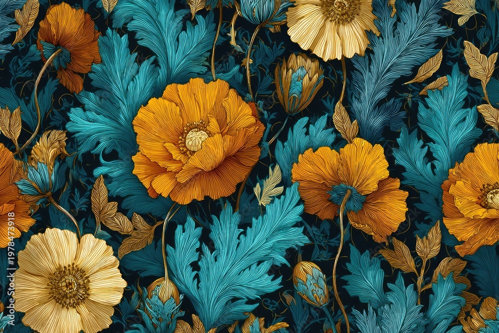 Fototapeta premium Detailed floral pattern with orange and cream poppies, teal leaves on a dark background