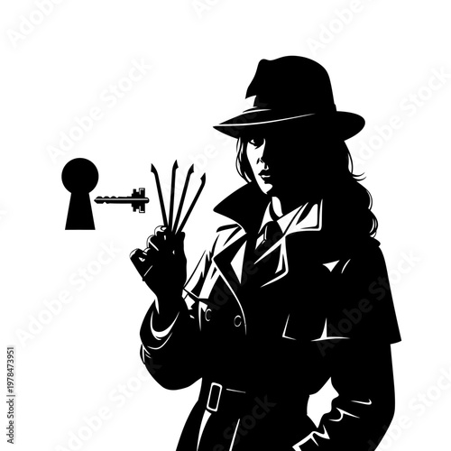 Silhouette of a Mysterious Woman Holding Keys Near Keyhole.