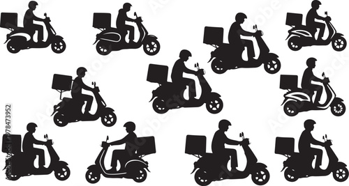 Silhouette of delivery riders on scooters with boxes
