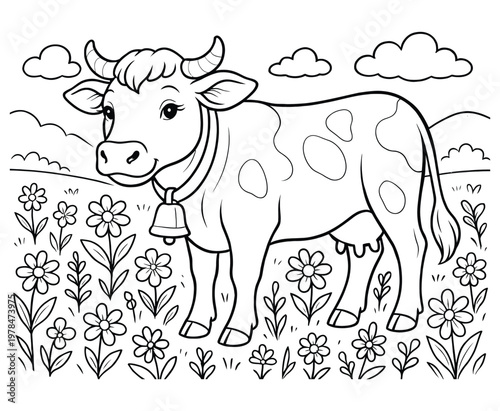 Dairy cow in a field of daisies with a bell around its neck.