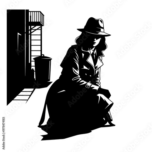 Silhouette of a Mysterious Woman in Trench Coat and Hat.