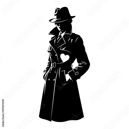 Silhouette of a Mysterious Woman in Trench Coat and Hat.