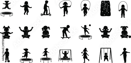 Black silhouette collection of happy children playing jumping on trampoline riding scooter skipping rope and swinging on playground equipment isolated on white background