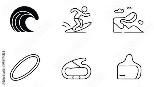 Ocean Icons: Set of symbolic icons representing water wave and surf with related elements, perfect for design usage 