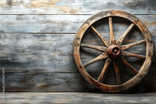 An aged wooden wagon wheel leaning against a rustic plank wall
