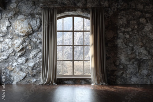 Rustic stone wall and window with mountain view.
