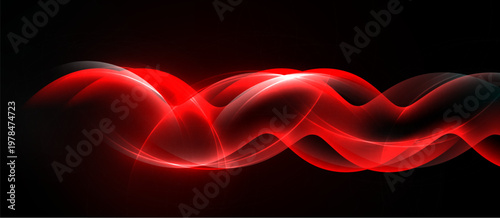 Red wavy lines over black background. Smooth curves create dynamic visual effect. Brightness contrasts sharply with darkness.