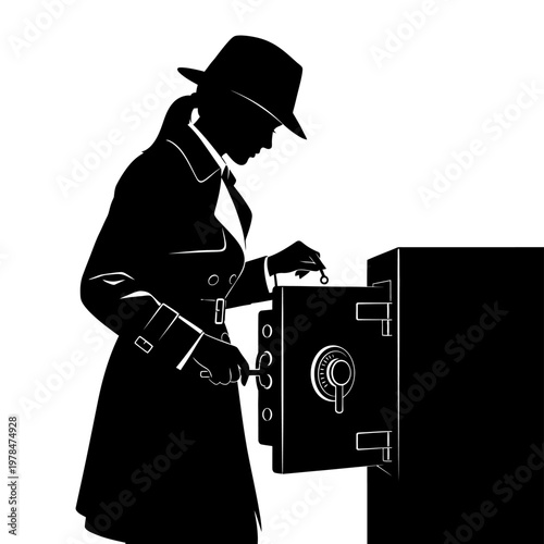Silhouette of a Spy Cracking a Safe with a Lock Pick.