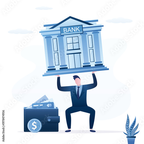 Businessman struggles to lift massive building labeled - bank, symbolizing the heavy burden of debt and financial pressure. Financial metaphor highlights complex loan issues.