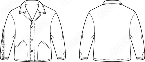 Men jacket technical sketch collection, front and back view outline for apparel fashion design template vector