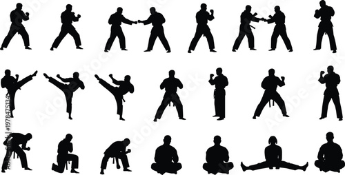 Black silhouette set of martial arts athletes practicing karate taekwondo and judo in various combat poses kicking punching and meditating isolated on white background.
