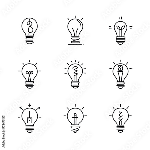 Minimal line art set of light bulb icons representing ideas, creativity, innovation and inspiration. Collection of continuous line drawings suitable for web, apps and design projects