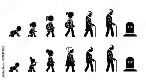 Illustrative depiction of the human life cycle from infancy to death shown in silhouette