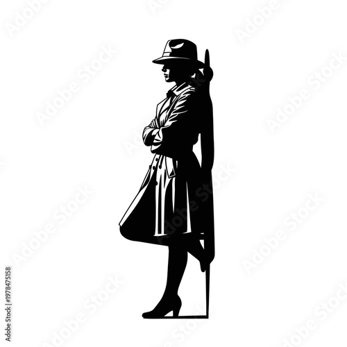 Silhouette of a Stylish Woman in Hat and Trench Coat.
