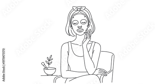 Continuous line drawing of a woman applying facial mask. Minimal line art illustration representing skincare routine, beauty, wellness and self care concept