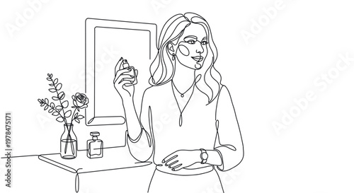 Continuous line drawing of a woman applying perfume in front of a mirror. Minimal line art illustration representing beauty routine, fragrance, elegance and lifestyle concept