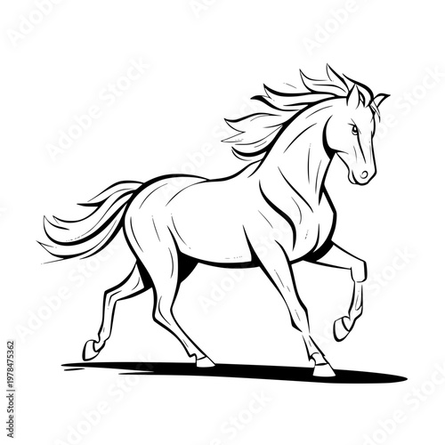 Galloping horse in dynamic motion with flowing mane and tail
