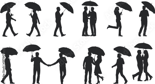 Black silhouette set of people and couples walking with umbrellas in various poses including standing holding hands and hugging isolated on white background for rainy weather design.