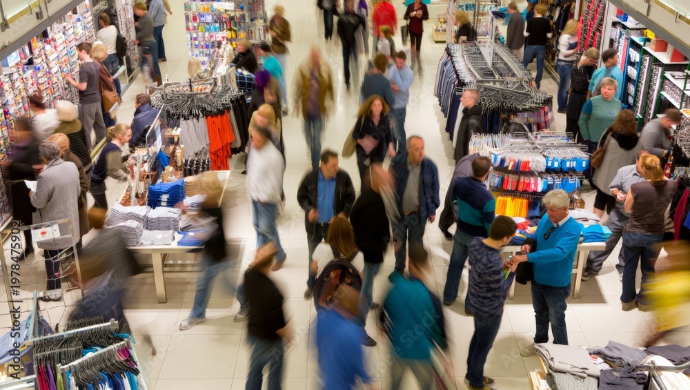 Obraz premium Blurred motion high angle shot of busy crowded clothing retail store s.