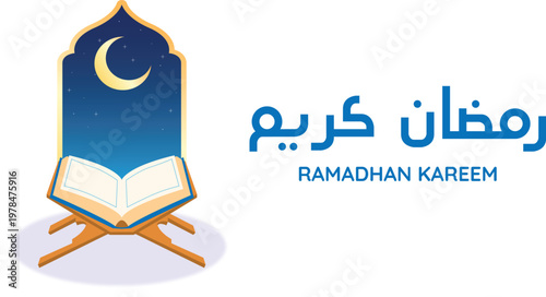 Blue Ramadan Kareem Illustration with Open Quran, Crescent Moon and Islamic Niche