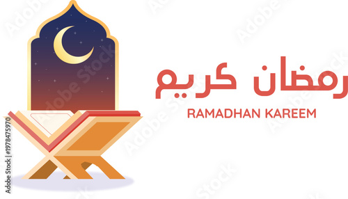 Ramadan Kareem Islamic Illustration with Quran Stand, Crescent Moon and Mosque Window