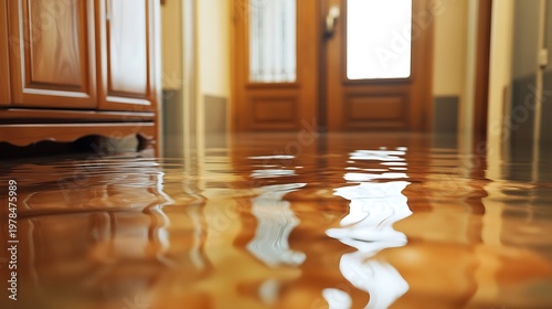 Clear water pooling on a wooden floor inside a damaged room