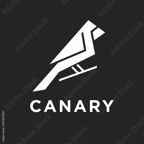 Geometric white canary bird logo with clean lines on dark background.