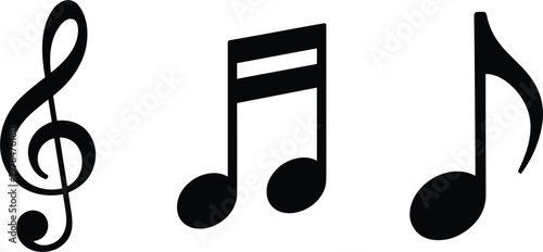 Music note silhouette vector icon set, black musical clef symbols for sound entertainment, creative design