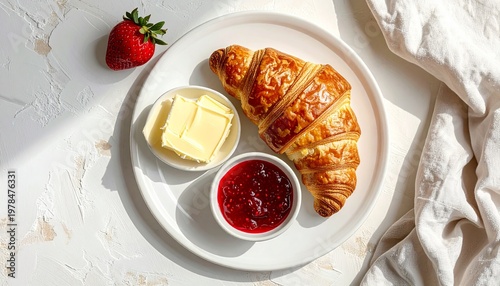 Minimal continental breakfast flatlay for clean lifestyle and hotel morning visuals.