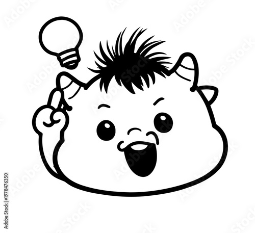 Little monster with a "Eureka" moment, light bulb idea over head, pointing up, monochrome line art