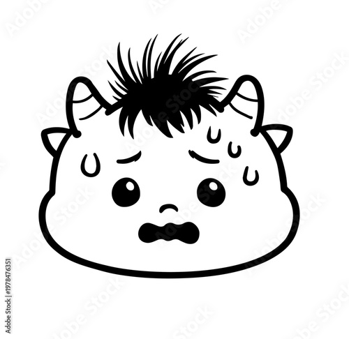 Little monster shivering with cold chills and anxiety, monochrome line art