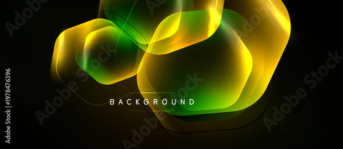Abstract glowing shapes overlap, creating dynamic visual effect. Dark background emphasizes vibrant colors, modern design element.
