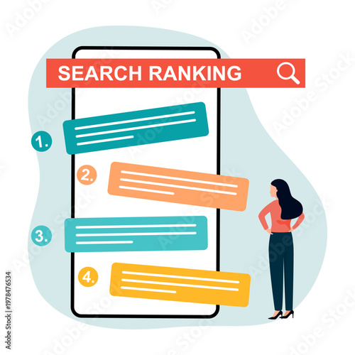 Mobile SEO Ranking concept. Improve search engine ranking with content, targeted keywords, authoritative backlinks, optimized user behavior. SEO techniques for top search engine results