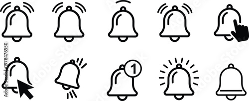 Notification bell icon set with alert symbols, black vector collection for mobile app, social media