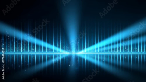 Futuristic digital cityscape animation featuring neon blue laser beams moving across horizon with glowing skyscrapers and liquid reflections create high tech atmosphere for cinematic motion.