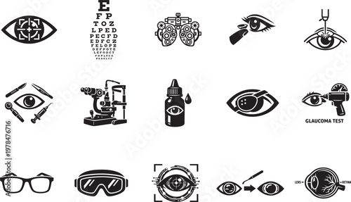 Eye treatment line icon set for vision correction, diagnostics, laser surgery and general eye care.