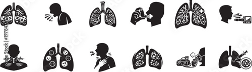 Lung disease icon set with pneumonia, cough, bronchitis, spirometry and respiratory symbols.