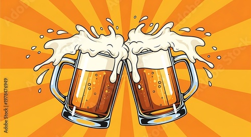 Vibrant vector illustration of clinking overflowing beer mugs celebration