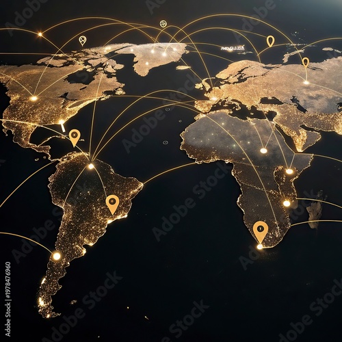 Global network connection over the world. Internet Concept of global business.World map with glowing lines on dark background. Network and communication concept. 3D Rendering	
