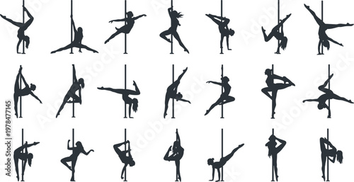 Collection of black pole dancer silhouettes featuring women performing various acrobatic tricks and athletic fitness poses isolated on a clean white background for studio design