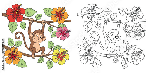 Cute monkey hanging on a branch with hibiscus flowers coloring book page for kids with colored version and black and white line art illustration