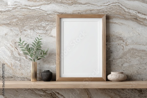 Empty wooden frame stands on a shelf with plants and vases.
