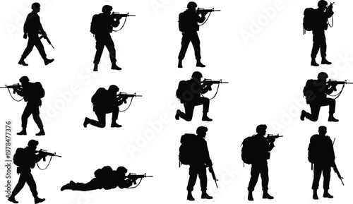 Collection of black vector silhouettes featuring soldiers in various combat poses like aiming kneeling and crawling for military tactical design and army warfare concepts