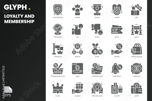 Loyalty and Membership Icon pack for your website, mobile, presentation, and logo design. Loyalty and Membership Icon solid design. Vector graphics illustration and editable stroke.
