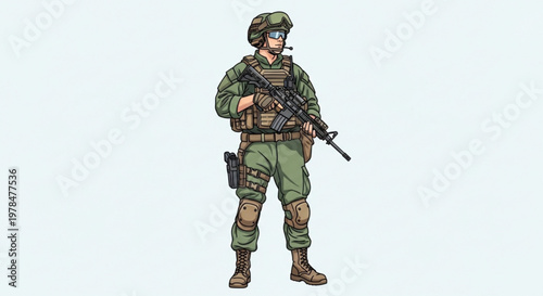 Soldier in green camouflage uniform holding rifle standing ready for action in military gear and helmet on light blue background